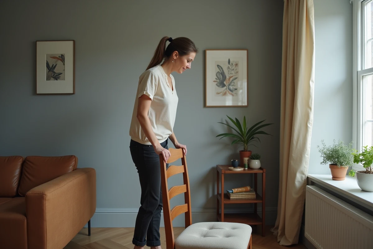 Femme se levant d'une chaise de salle à manger dans un petit espace, illustrant le recul nécessaire