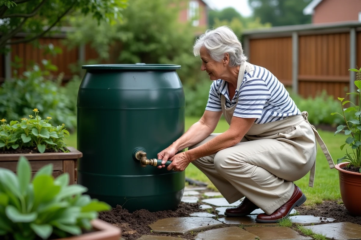 Femme utilisant un récupérateur d'eau de pluie pour arroser son jardin potager urbain