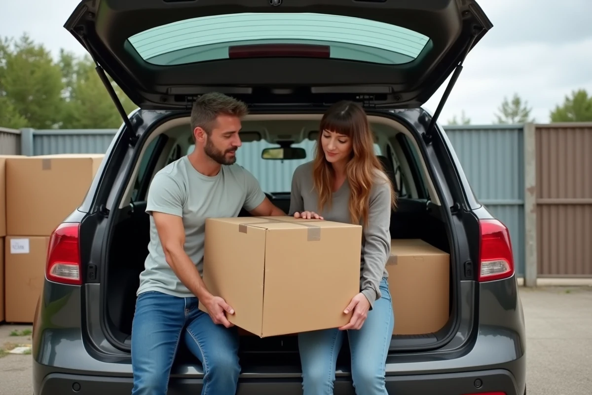 Couple chargeant de grands cartons gratuits dans leur voiture dans un espace de récupération