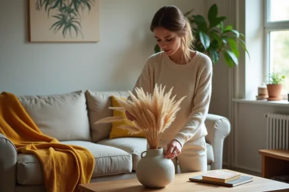 Femme arrangeant des herbes de pampa dans un vase céramique pour relooker son salon avec un petit budget