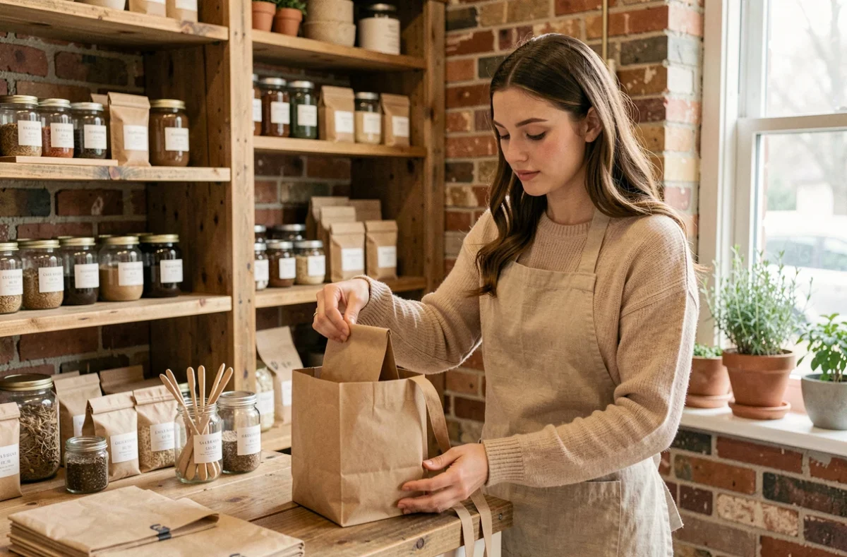 Femme en tablier de lin remettant un petit sac kraft recyclable à un client dans une boutique artisanale éco-responsable