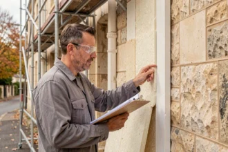 Artisan en rénovation énergétique inspectant des panneaux isolants sur une façade en pierre bordelaise