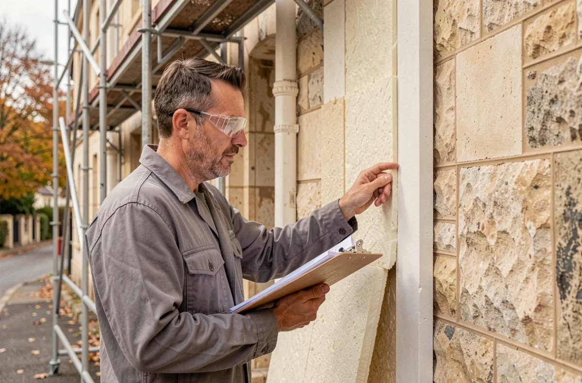 Artisan en rénovation énergétique inspectant des panneaux isolants sur une façade en pierre bordelaise