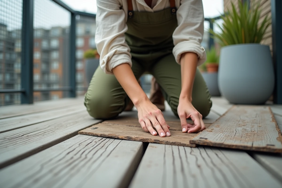 Femme posant des lames de terrasse composite sur un ancien plancher en bois dégradé sur un balcon urbain