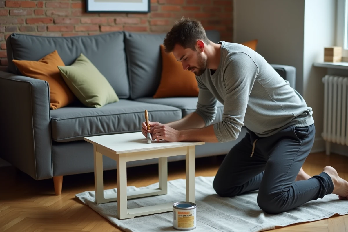 Homme repeignant une table basse en bois pour rénover son salon à moindre coût
