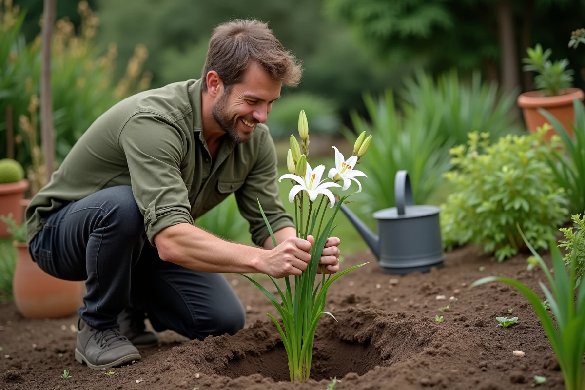 Jardinier replantant un lys en pré floraison dans un trou préparé dans un parterre de jardin