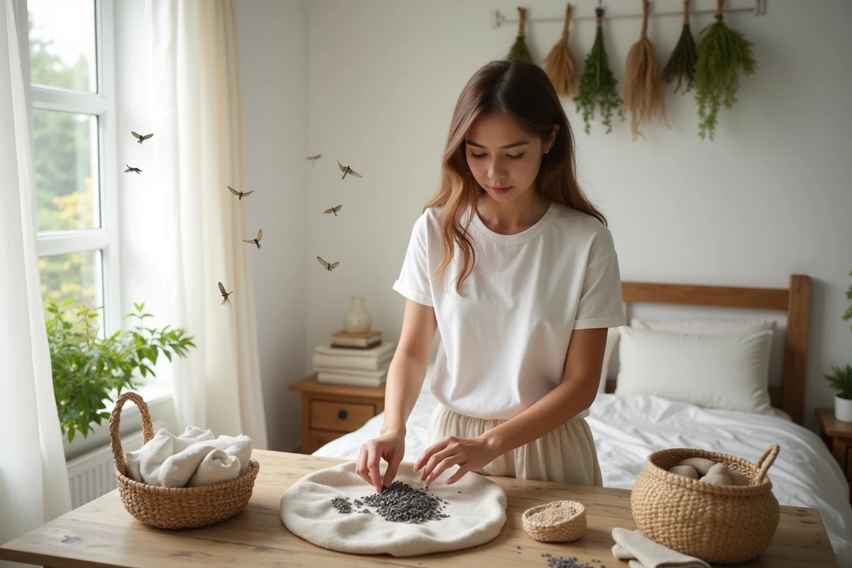 Femme préparant des sachets de lavande et cèdre pour éloigner les papillons naturellement