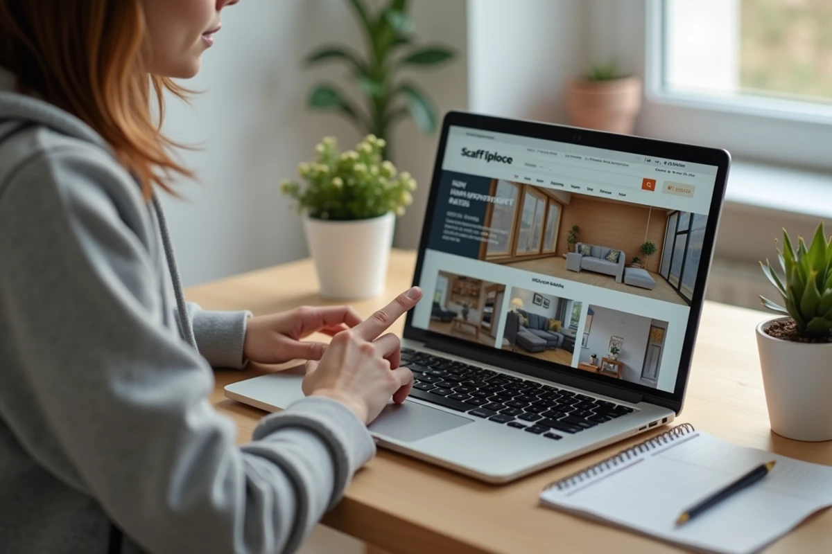 Femme consultant le site Leroy Merlin sur un ordinateur portable pour réserver un échafaudage en ligne