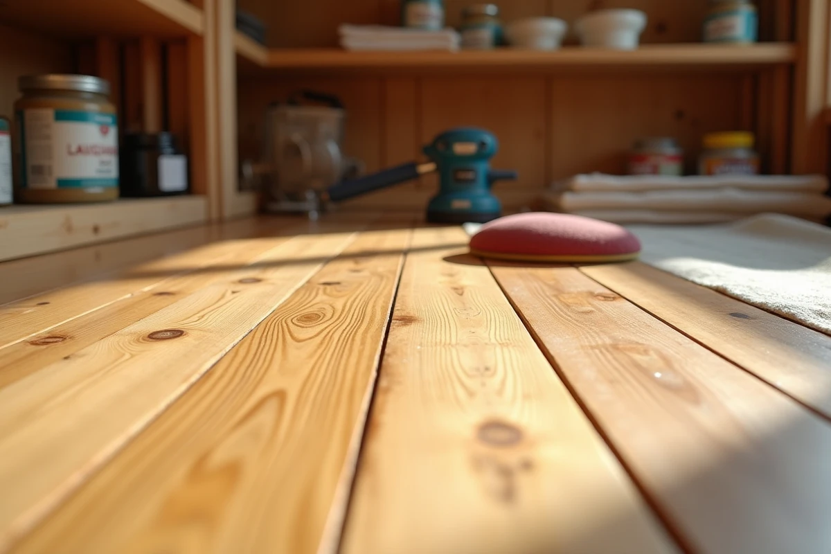 Gros plan d'un parquet en pin restauré montrant le contraste entre zone réparée et rayures profondes restantes