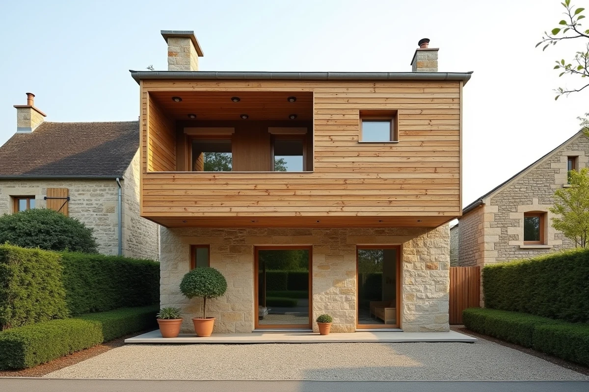 Résultat final d'une surélévation de maison avec extension bois moderne sur une ancienne bâtisse en pierre