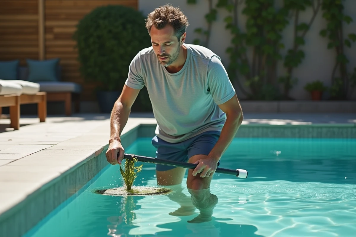 Homme utilisant un filet de skimmer pour retirer les algues du fond de la piscine sans aspirateur