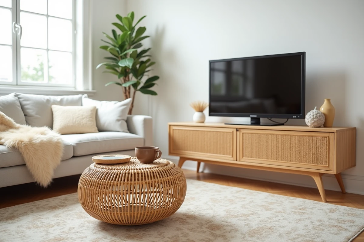 Table basse en rotin tressé avec pieds fuselés assortie à un meuble TV dans un intérieur scandinave affirmé