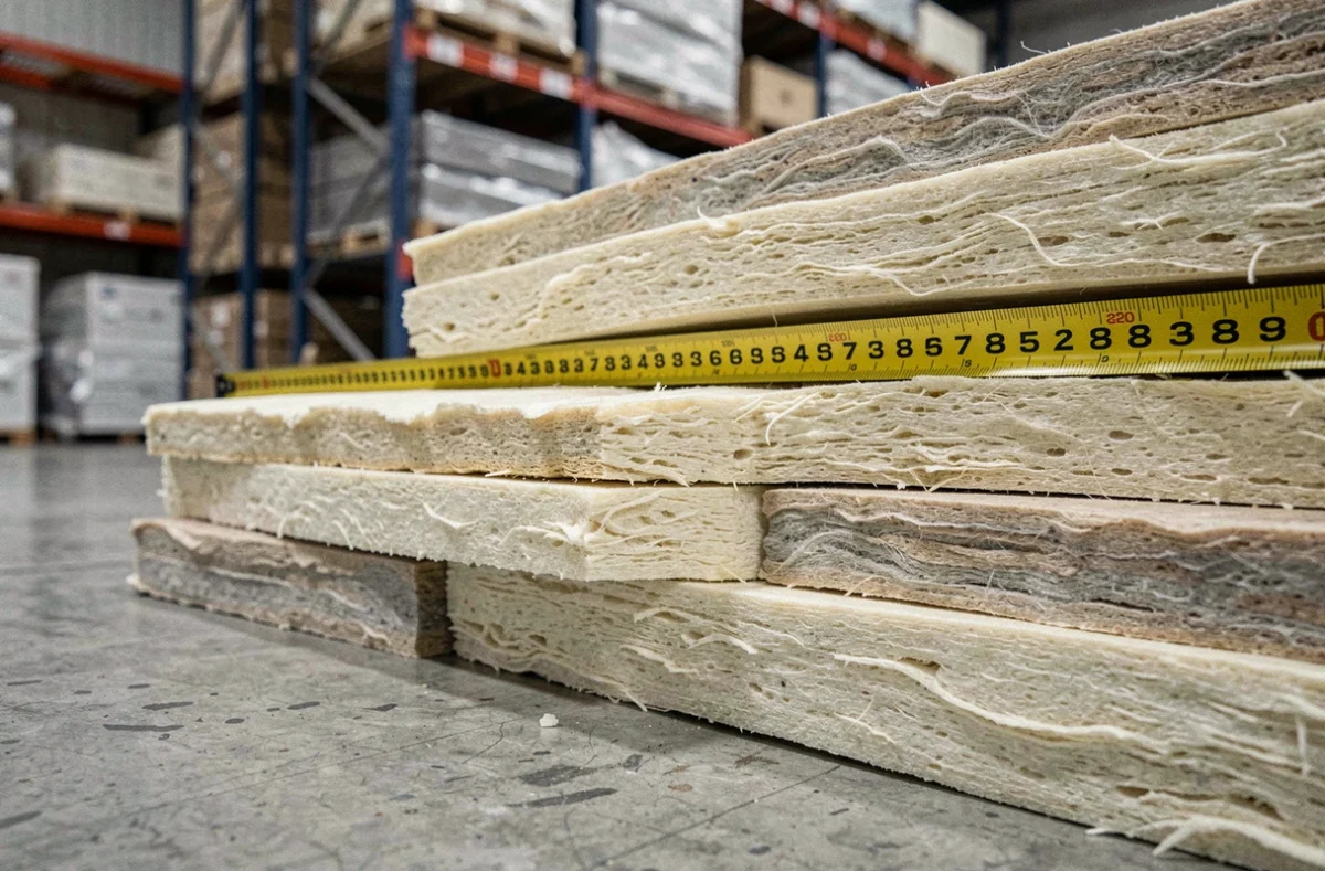 Gros plan sur plusieurs rouleaux d'isolant thermique empilés avec un mètre ruban indiquant leur épaisseur respective