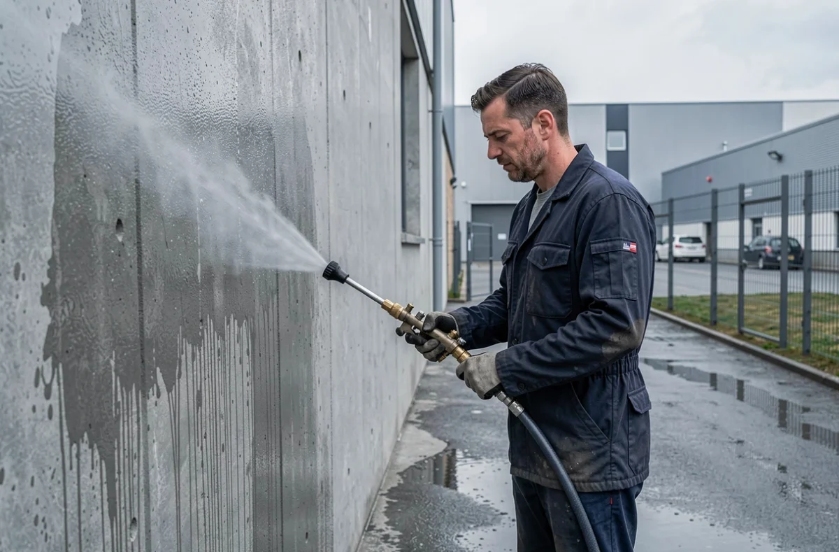 Technicien en traitement de surfaces nettoyant une façade en béton à Décines-Charpieu