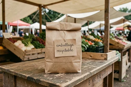 Petit sac en kraft recyclable posé sur un étal de marché en bois avec étiquette manuscrite et ficelle en jute, emballage écologique authentique
