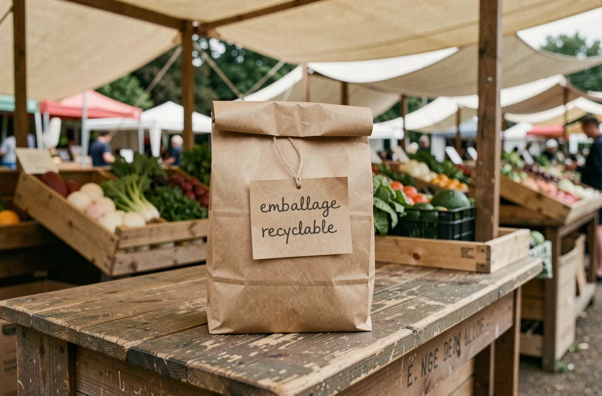 Petit sac en kraft recyclable posé sur un étal de marché en bois avec étiquette manuscrite et ficelle en jute, emballage écologique authentique
