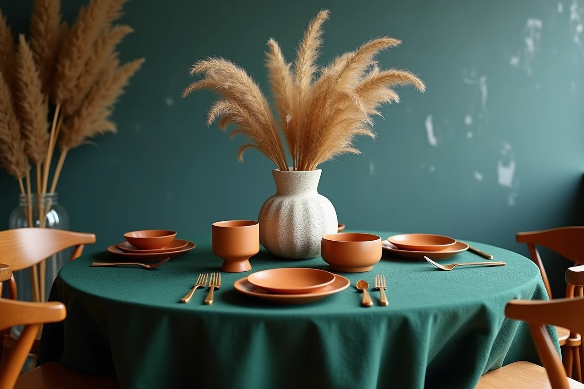 Table à manger décorée avec des couleurs tendance 2026 : vert forêt, ocre et bleu ardoise pour une ambiance chaleureuse