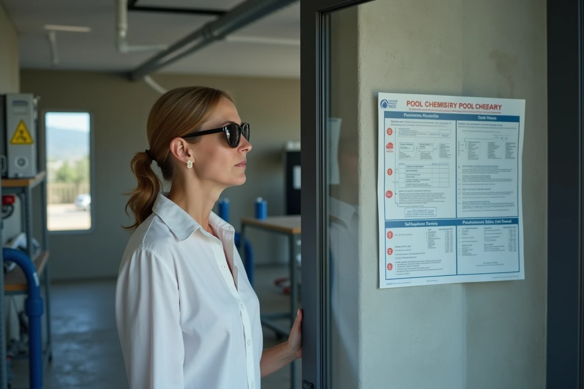 Femme consultant un tableau de chimie de l'eau dans une salle technique de piscine équipée d'un chlorinateur au sel