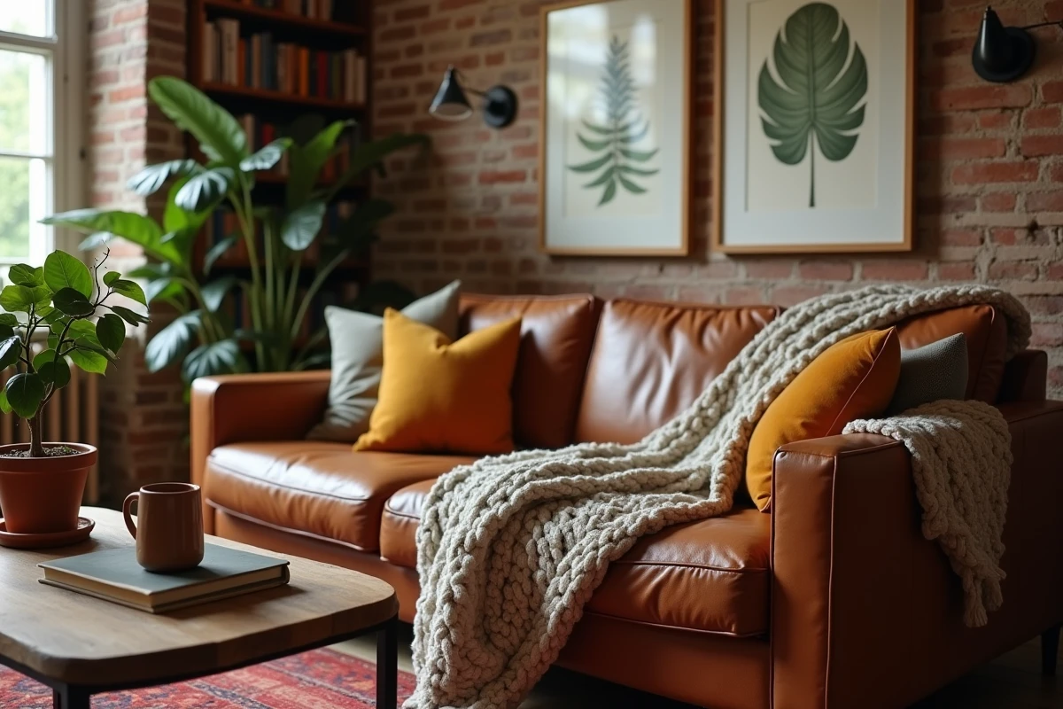Salon chaleureux et accueillant avec canapé en cuir, plaid en laine, livres et plante verte dans un décor de briques apparentes
