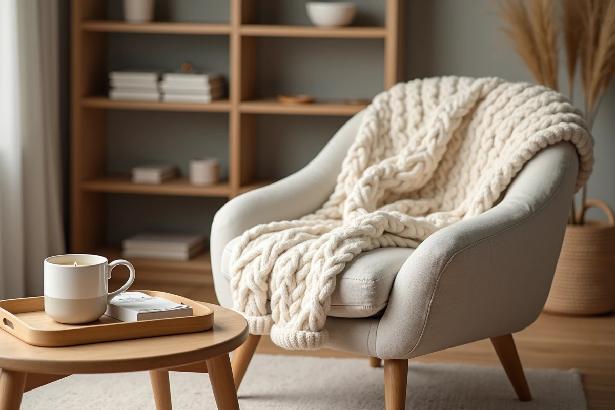 Salon cocooning avec plaid en maille crème, bougie parfumée et tasse de thé sur un plateau en bois, ambiance chaleureuse et déco minimaliste scandinave