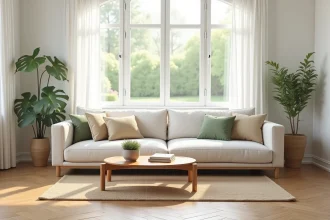 Salon épuré et bien agencé pour un home staging réussi, avec canapé en lin beige, parquet en chêne et décoration minimaliste