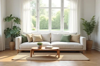 Salon épuré et bien agencé pour un home staging réussi, avec canapé en lin beige, parquet en chêne et décoration minimaliste