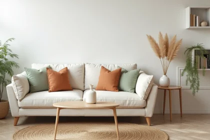 Salon apaisant décoré dans un style scandinave avec canapé en lin crème, plantes vertes et matériaux naturels pour un intérieur serein