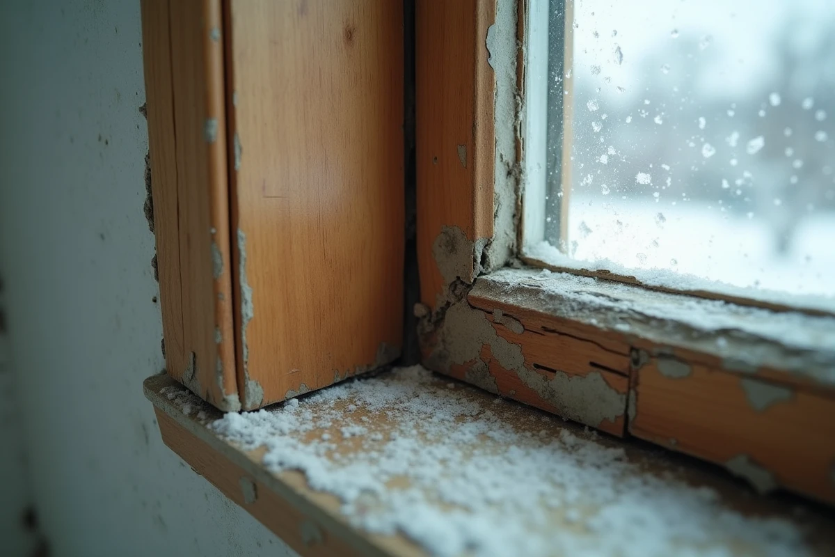 Gros plan sur un cadre de fenêtre en bois ancien présentant des signes de mauvaise isolation : joint fissuré et peinture décollée