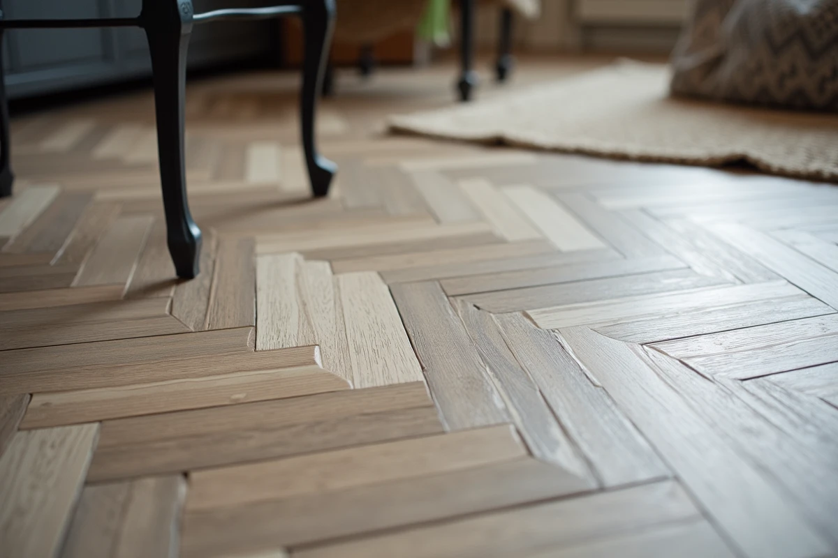 Sol stratifié imitation bois en chevrons dans un appartement haussmannien rénové