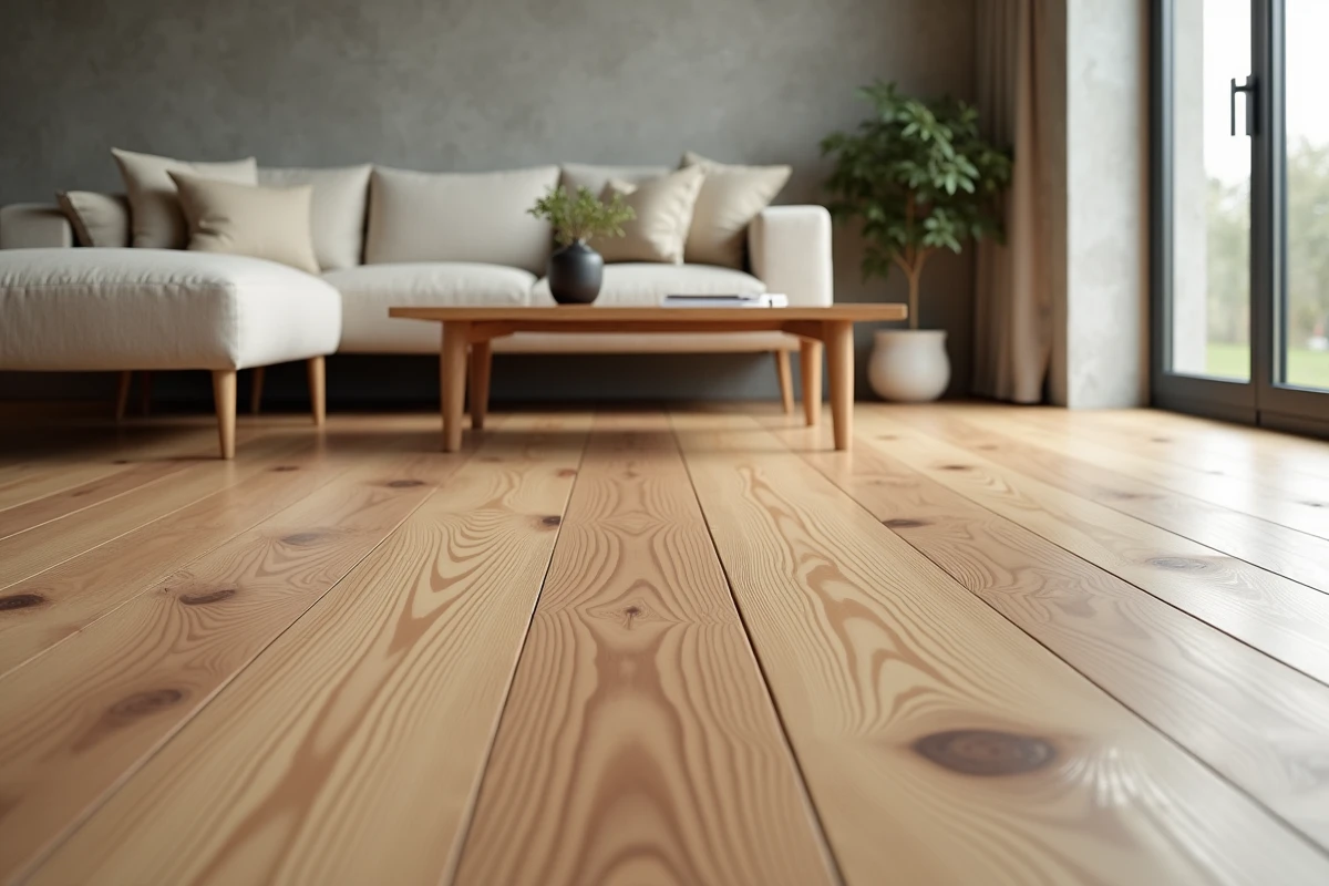 Parquet vinyle LVT imitant le bois dans un salon scandinave moderne aux tons chauds