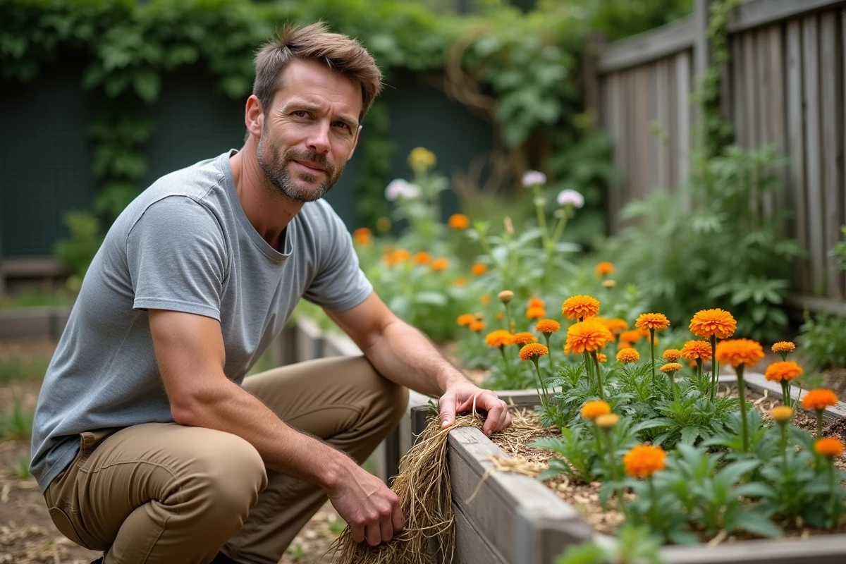 Jardinier entretenant un carré potager avec des soucis et capucines pour éliminer naturellement les mauvaises herbes
