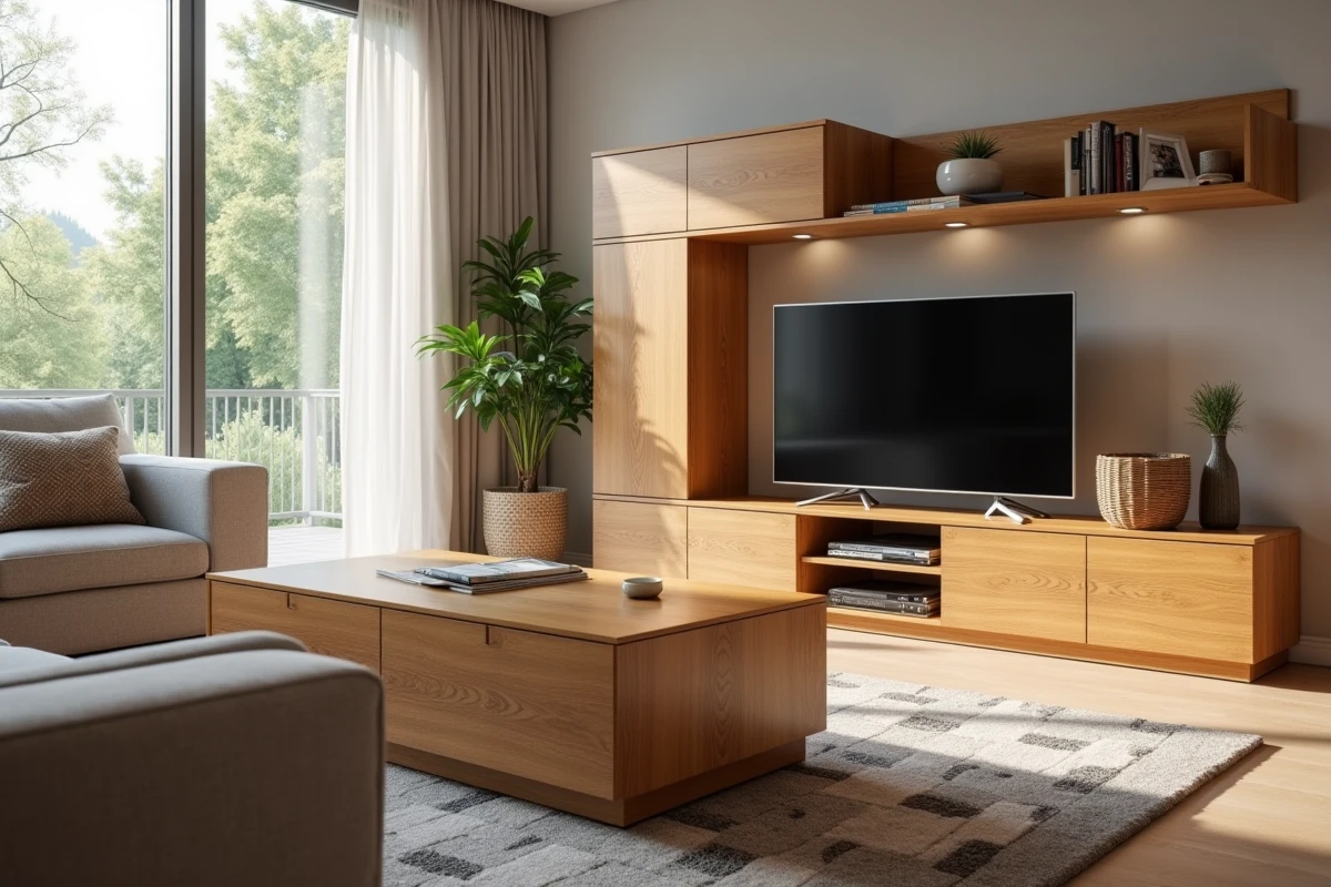 Table basse et meuble TV en stratifié haute pression décor bois pour un salon au budget maîtrisé