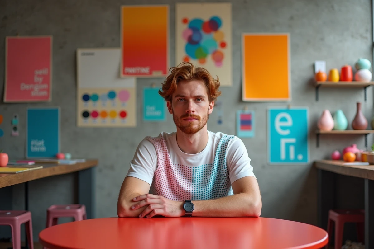 Designer assis à une table rouge laquée entouré de planches graphiques et références pop art dans un studio créatif