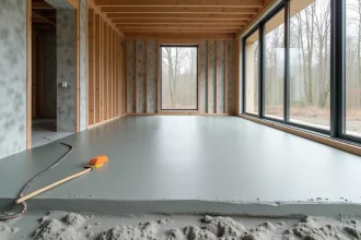 Surbot béton frais coulé sur plancher chauffant dans une maison passive à ossature bois, vue grand angle