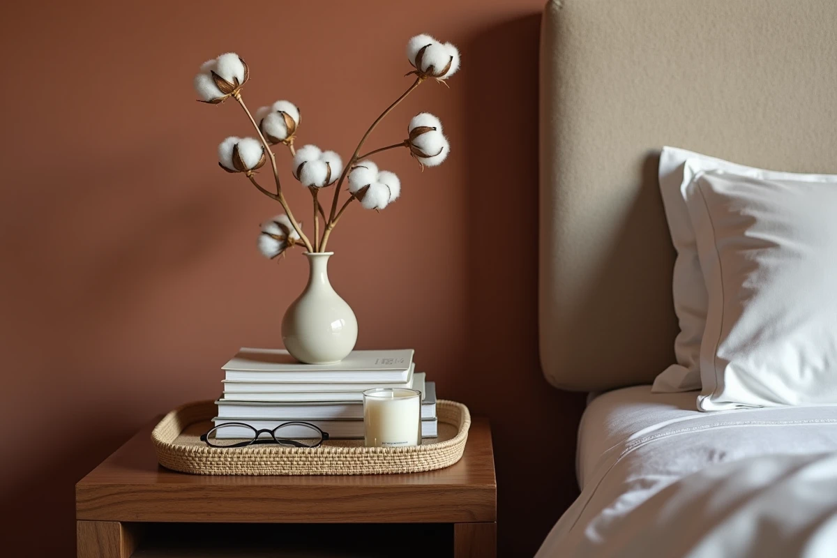 Table de chevet en noyer avec livres, vase céramique et bougie dans une chambre parentale aux tons chauds