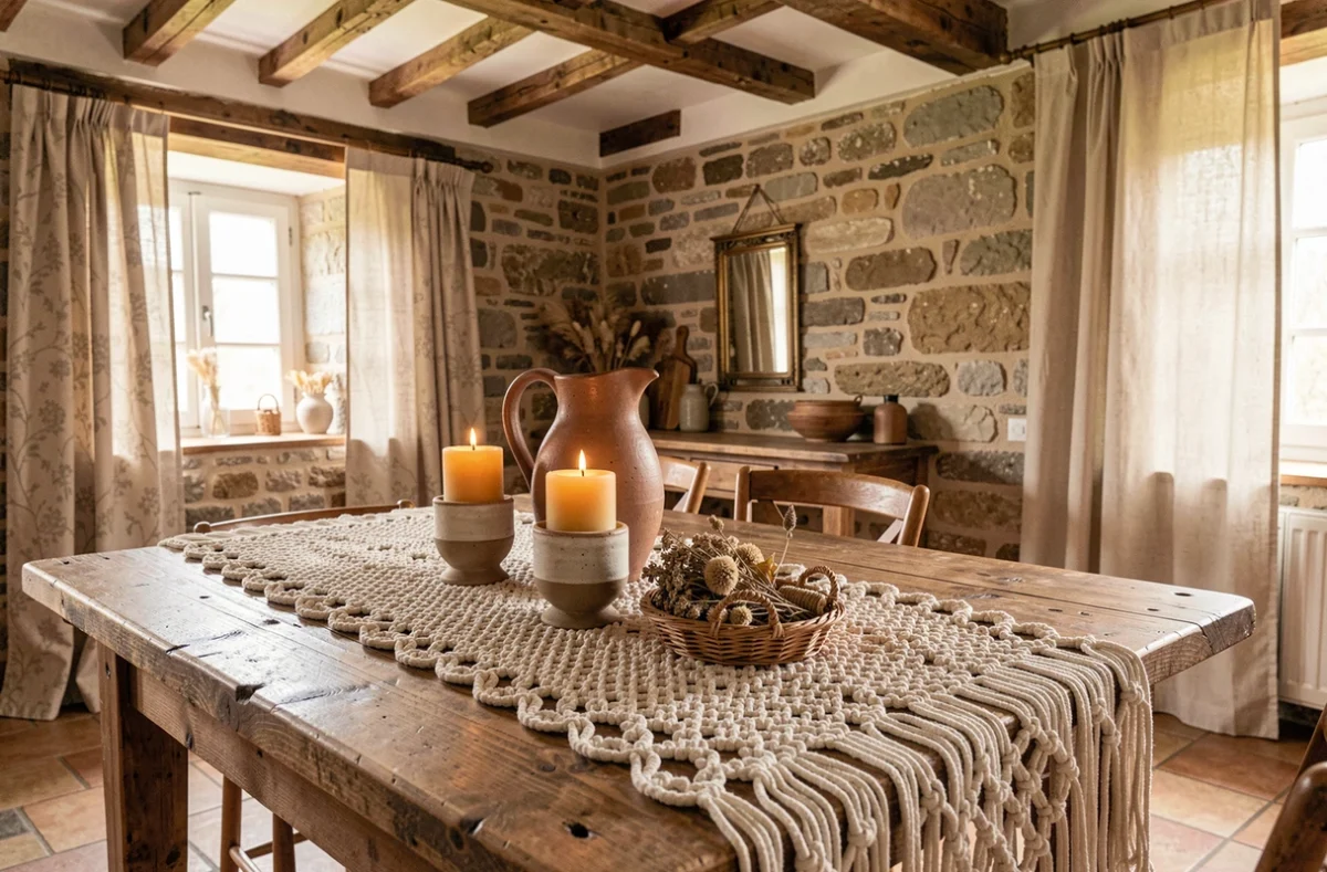 Table de salle à manger décorée d'objets artisanaux en macramé, grès et rotin dans une cuisine de ferme française