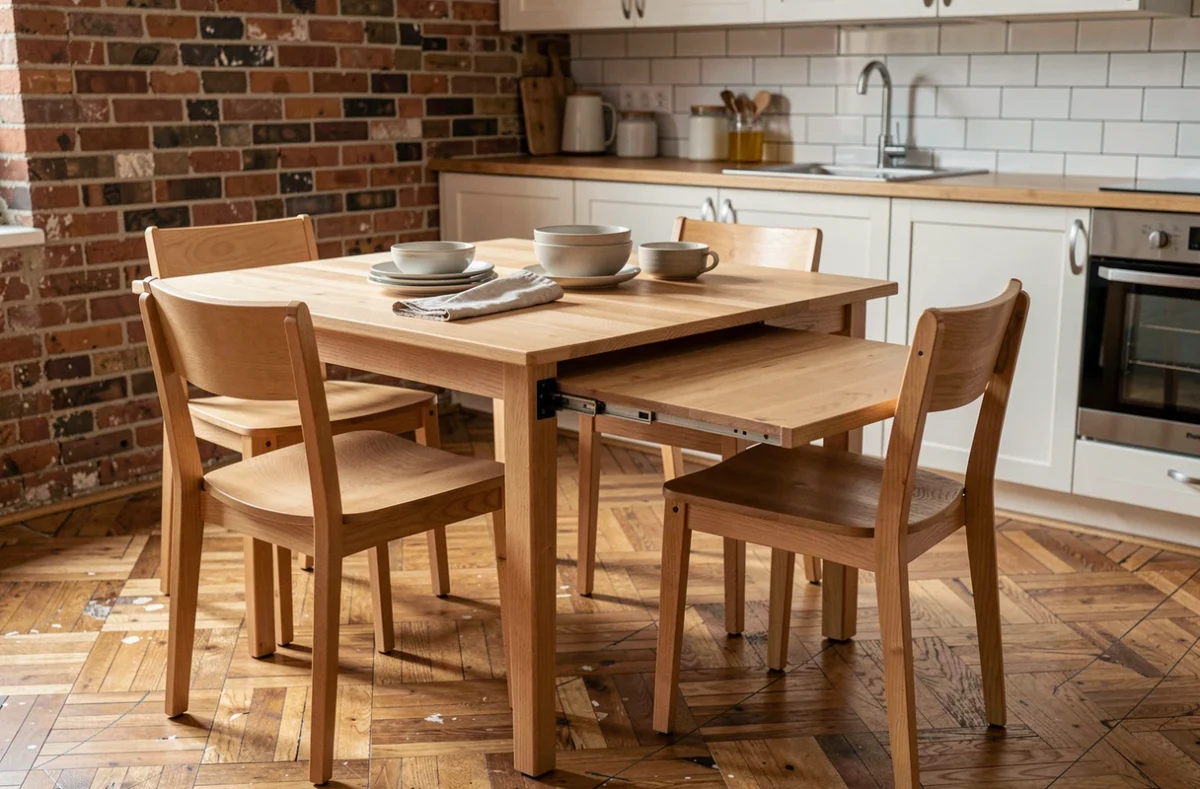 Table à manger modulable avec rallonges en hêtre naturel dans un petit appartement urbain avec mur en briques apparentes