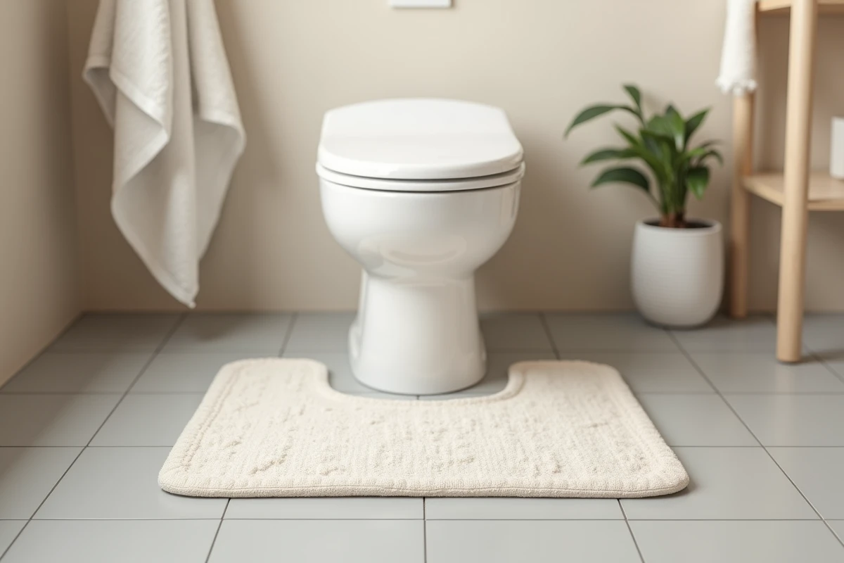 Tapis moelleux en coton ivoire posé autour d'un toilette blanc dans une salle de bain moderne aux carreaux gris