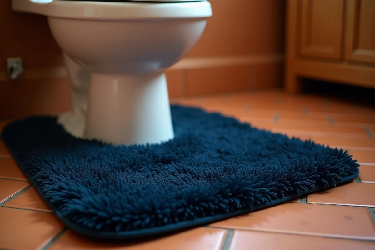 Tapis bleu marine à poils longs en chenille autour d'un toilette sur carrelage hexagonal en terre cuite