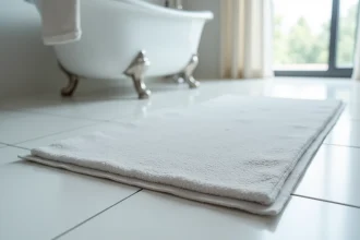 Tapis de bain en pierre de diatomite grise posé sur un carrelage blanc dans une salle de bain moderne et épurée