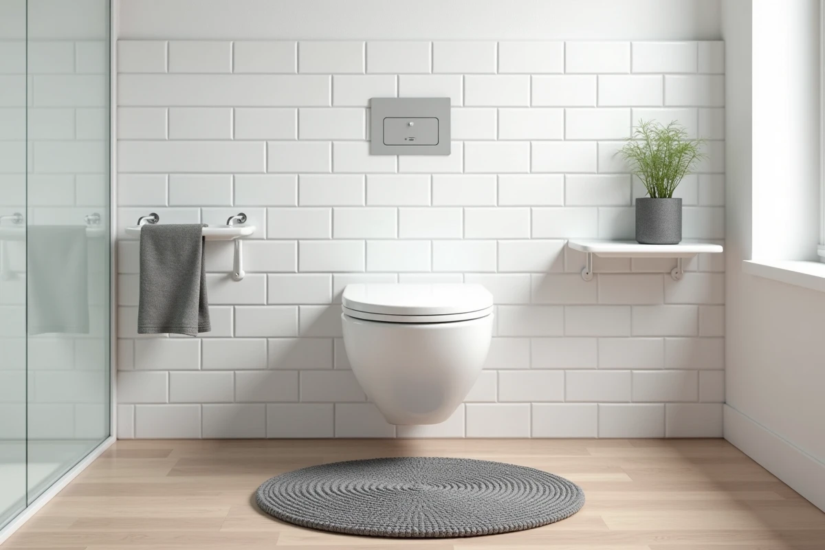 Tapis rond en laine grise à motif chevron posé sous un toilette suspendu dans une salle de bain de style scandinave