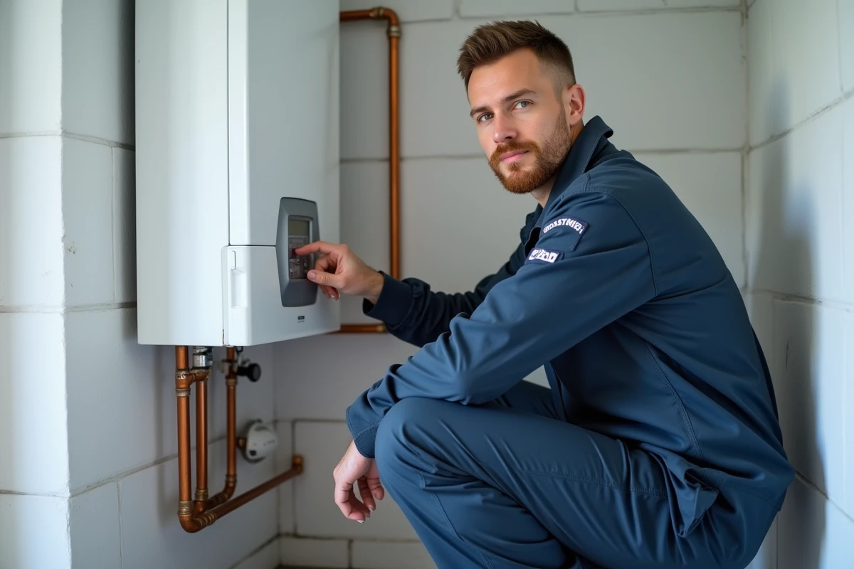Technicien en chauffage inspectant une chaudière murale Saunier Duval dans une chaufferie résidentielle moderne