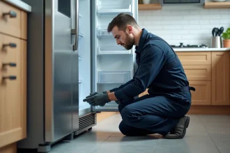 Technicien inspectant le joint d'étanchéité d'un réfrigérateur avec une flaque d'eau visible sur le sol de la cuisine