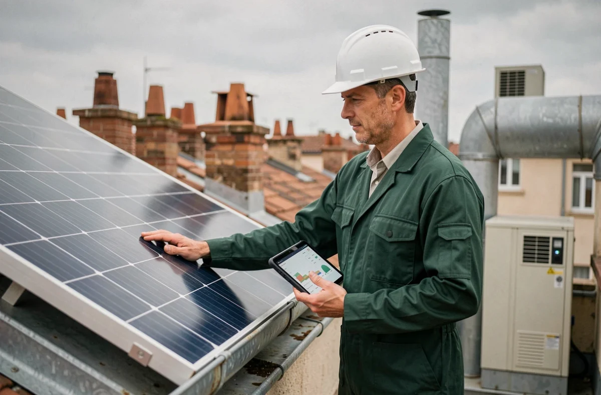 Technicien installant des panneaux solaires et une pompe à chaleur sur un toit à Bordeaux