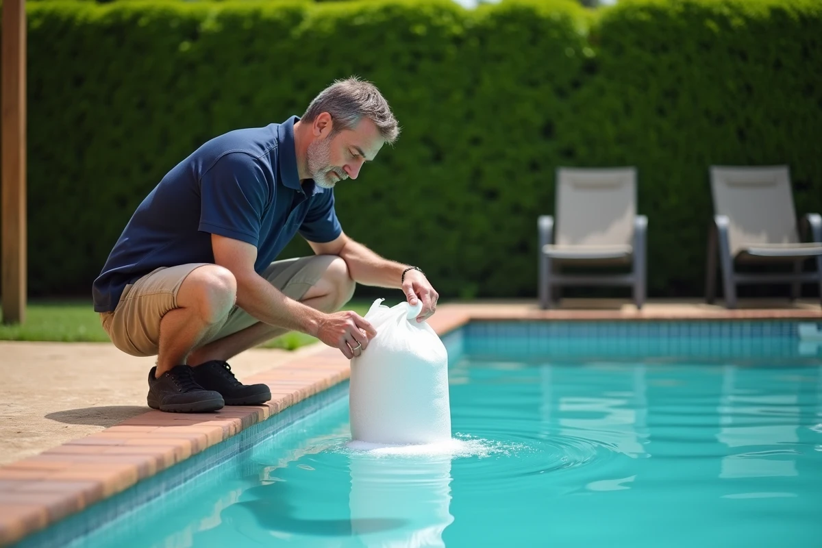 Technicien de piscine versant du sel dans une piscine extérieure pour ajuster le pH de l'eau