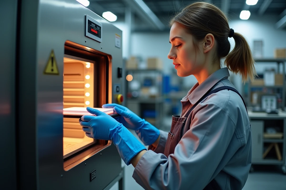 Technicienne plaçant un échantillon de polycarbonate dans un four industriel pour tester sa résistance thermique maximale