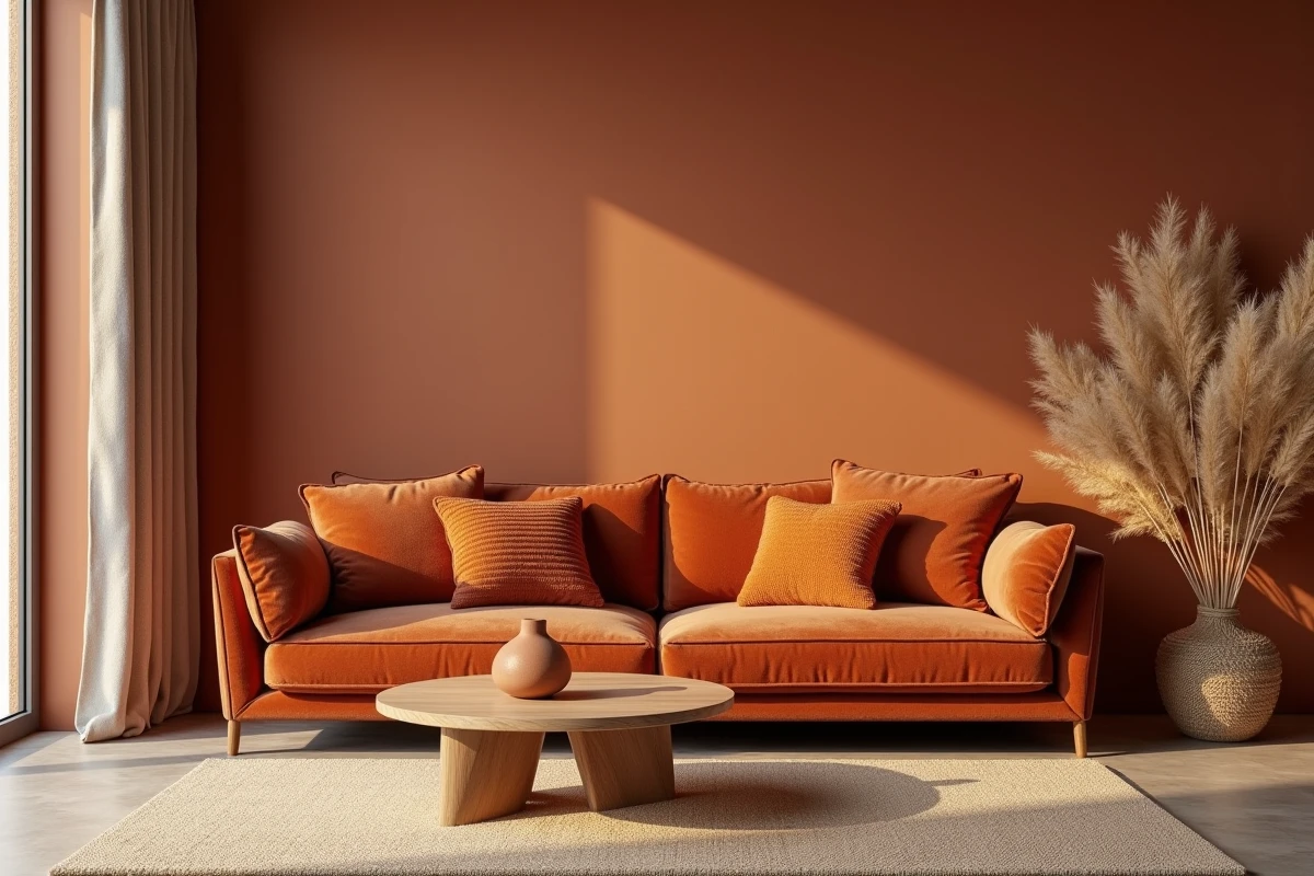 Salon tendance 2026 avec canapé en velours terracotta, mur en argile et accessoires naturels en jute et céramique