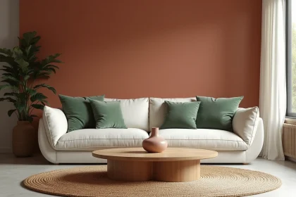 Salon contemporain aux couleurs tendance 2026 avec mur terracotta, coussins vert sauge et canapé blanc cassé en lin
