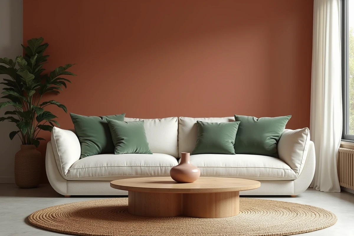 Salon contemporain aux couleurs tendance 2026 avec mur terracotta, coussins vert sauge et canapé blanc cassé en lin