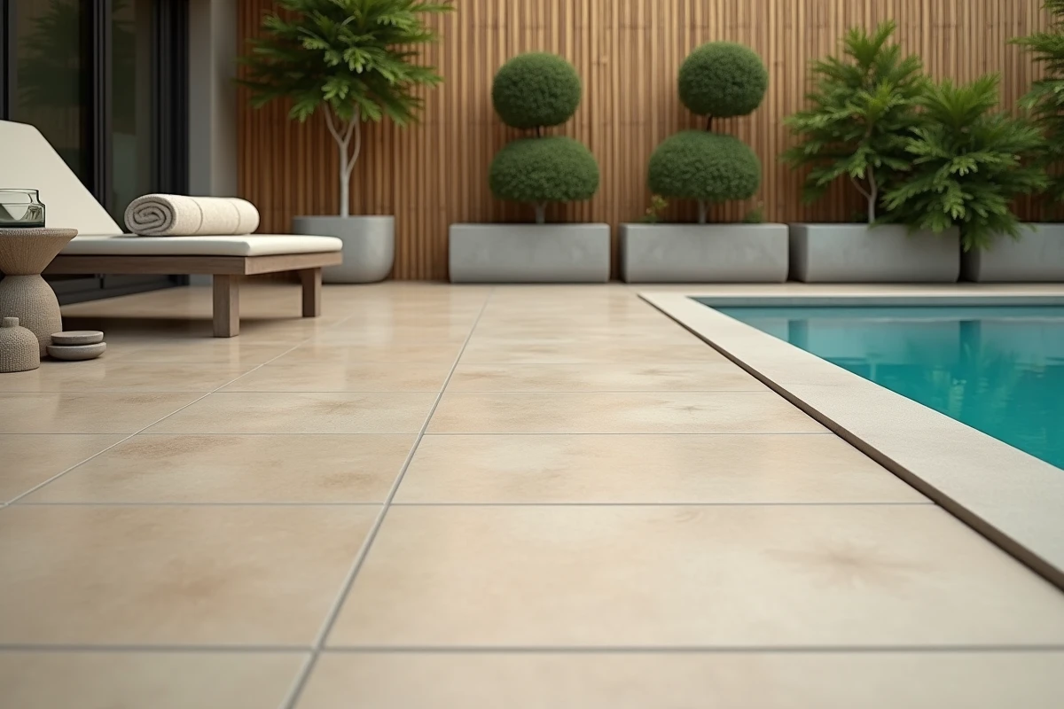 Terrasse de piscine contemporaine avec carrelage grand format, bambous et buis taillés pour un aménagement paysager moderne